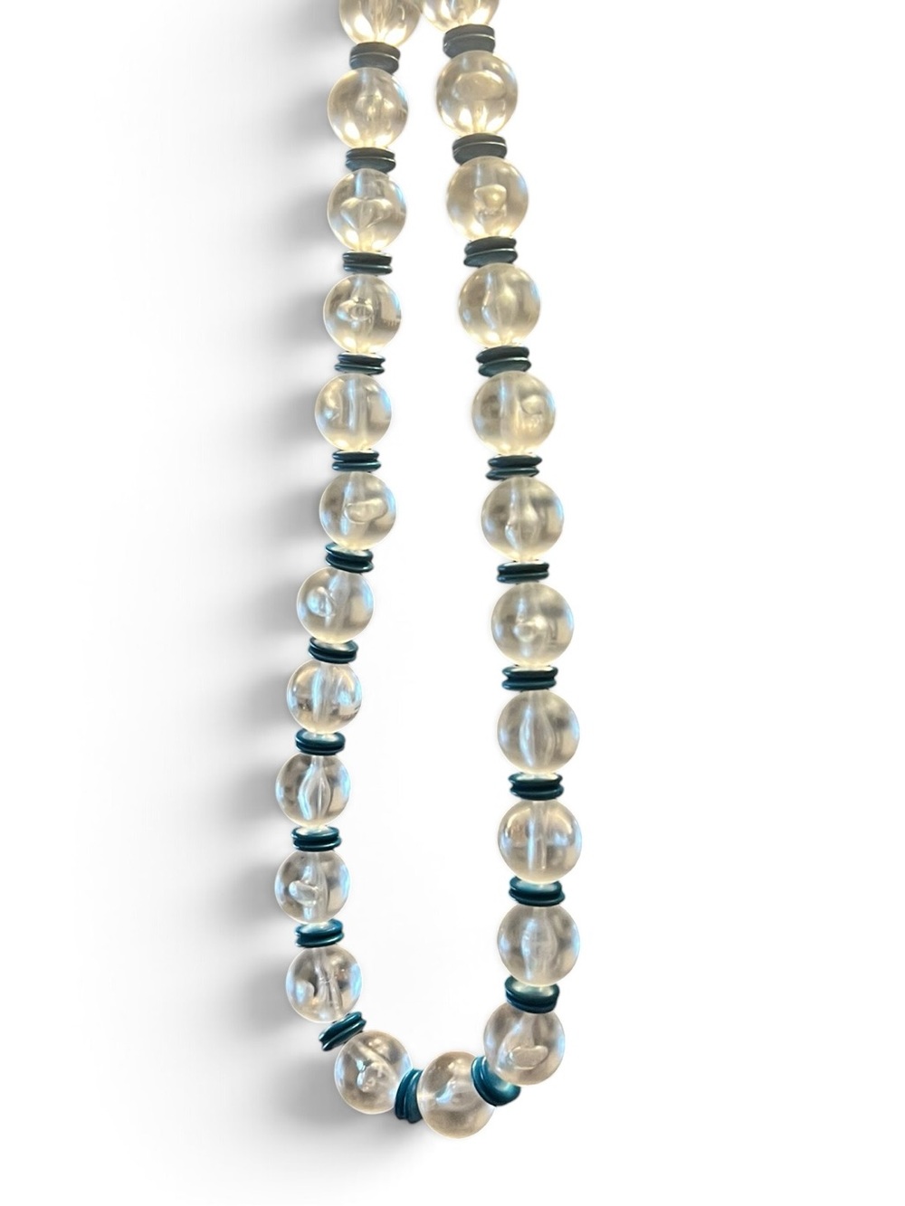 Vintage Style 24" Clear Lucite Beaded Necklace with Teal Blue Disc Spacers